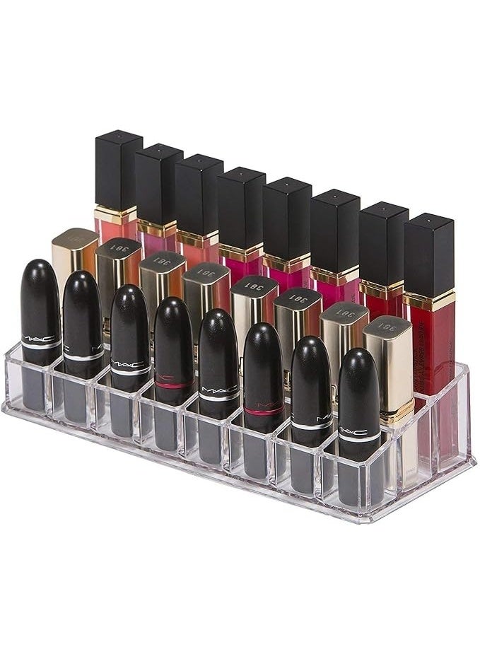 حامل أحمر الشفاه - منظم أحمر الشفاه، صينية حامل شفافة بـ 24 قسماً، مناسب لأحمر الشفاه، أقلام التحديد، الماسكارا، الفرش، العطور، علبة عرض مستحضرات التجميل (23 × 9 سم) - Image 1